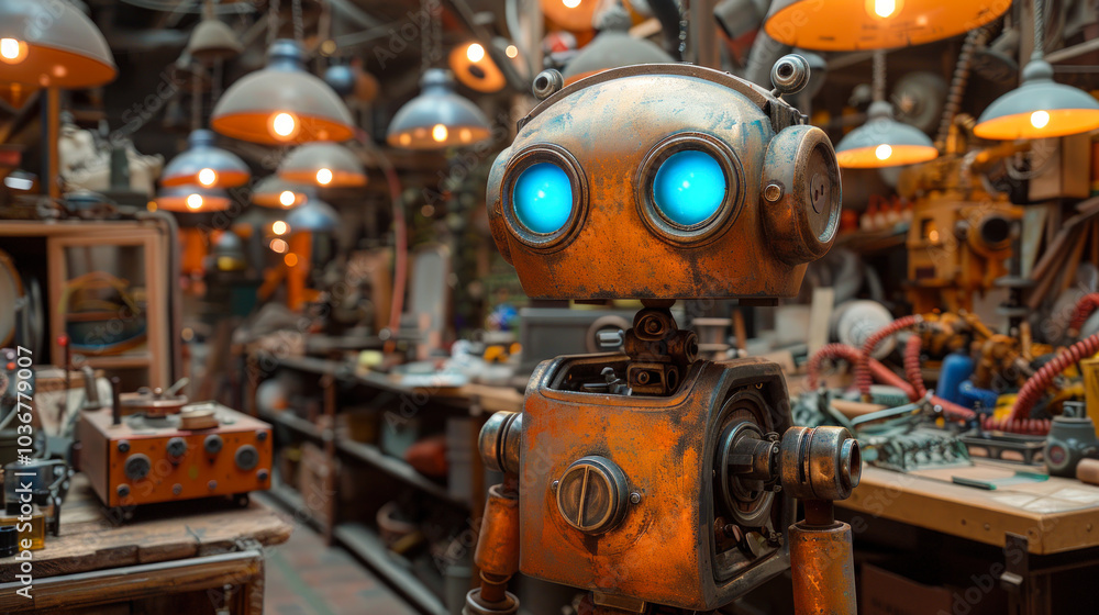 Rusty robot with glowing blue eyes in workshop
Rusty robot with glowing blue eyes in workshop