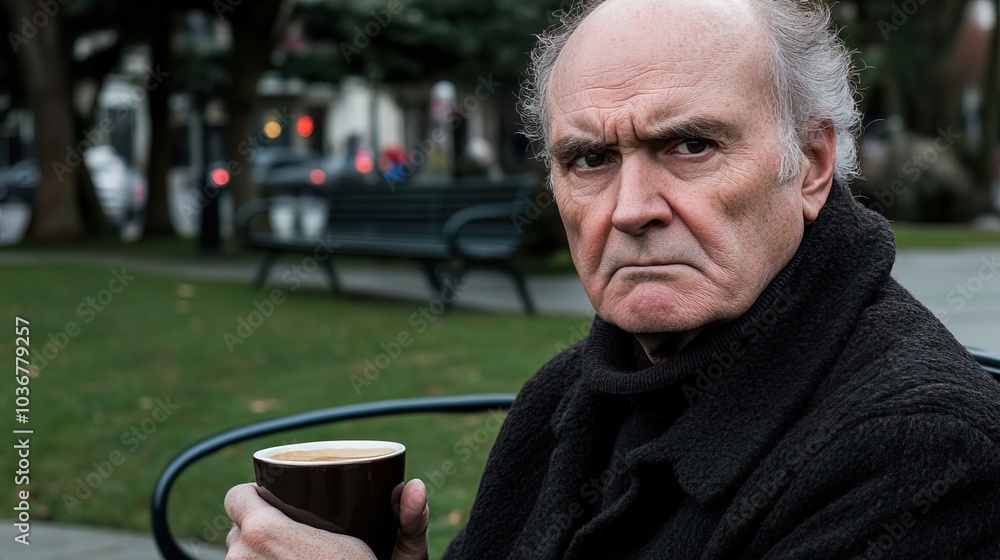 Middle-aged man with slight tremor holding cup of coffee on park bench, symbolizing struggle with Parkinson's disease, calm natural setting. Middle-aged man with slight tremor holding cup of coffee on park bench, symbolizing struggle with Parkinson's disease, calm natural setting.