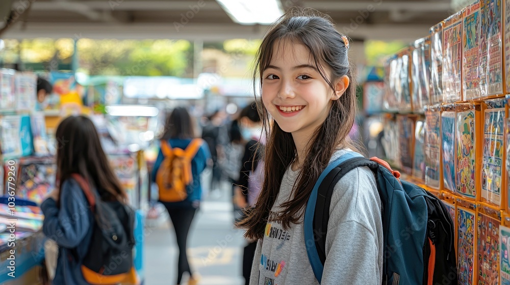 A young woman with a backpack smiles as she walks through a market. A young woman with a backpack smiles as she walks through a market.