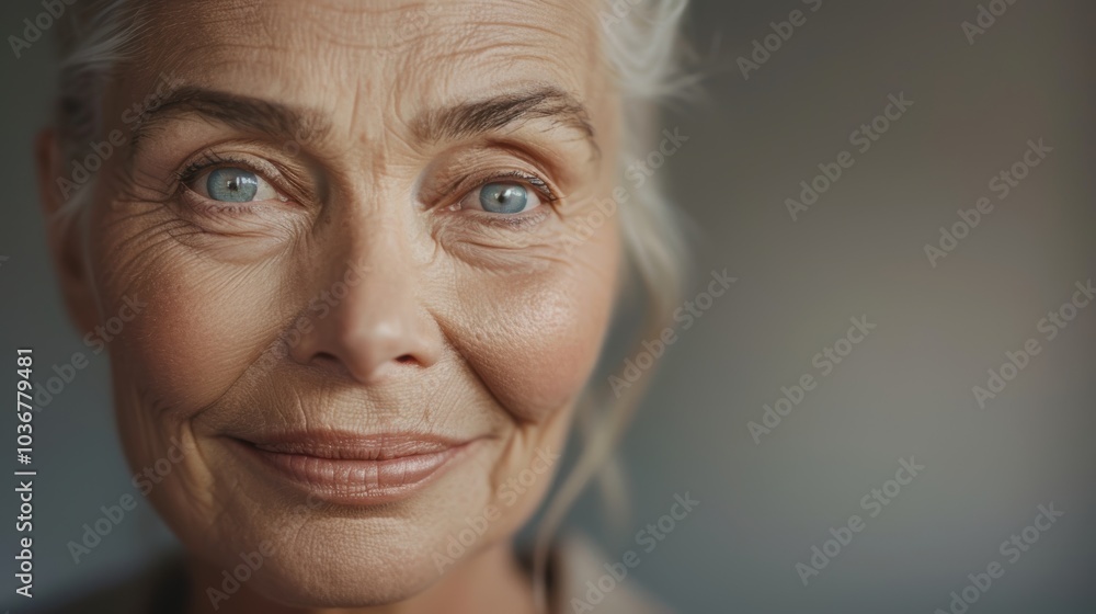 Beauty and skincare for aging, showcasing an elderly womans contentment with her skin health and cosmetic wellness against a neutral backdrop Beauty and skincare for aging, showcasing an elderly womans contentment with her skin health and cosmetic wellness against a neutral backdrop