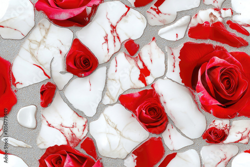 Seamless pattern featuring realistic red roses and marble-like white and red textures with silver accents, creating a luxurious and artistic design. photo