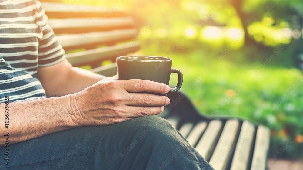 Middle-aged man with slight tremor holding cup of coffee on park bench, symbolizing struggle with Parkinson's disease, calm natural setting. Middle-aged man with slight tremor holding cup of coffee on park bench, symbolizing struggle with Parkinson's disease, calm natural setting.