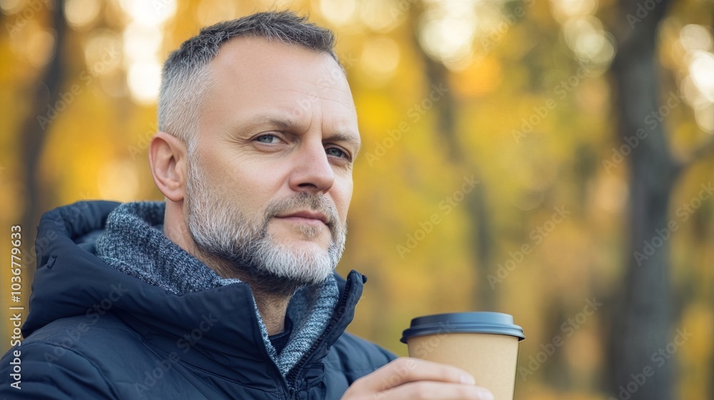 Middle-aged man with slight tremor holding cup of coffee on park bench, symbolizing struggle with Parkinson's disease, calm natural setting. Middle-aged man with slight tremor holding cup of coffee on park bench, symbolizing struggle with Parkinson's disease, calm natural setting.