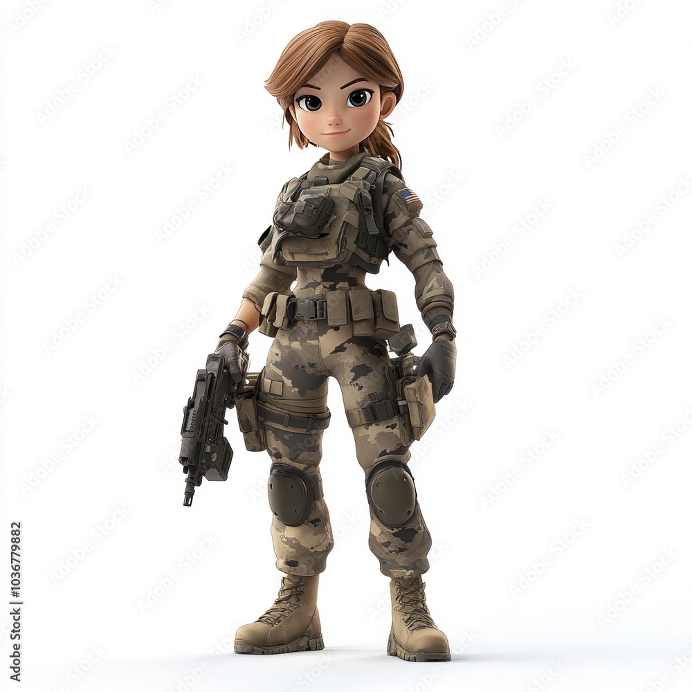 Cartoon Female Soldier in Military Gear with a Gun Cartoon Female Soldier in Military Gear with a Gun