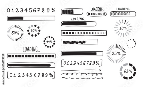 Loading bar doodle set. Hand drawn element line loading sketch style. Slow isolated download speed, progress status and internet load bar concept. 