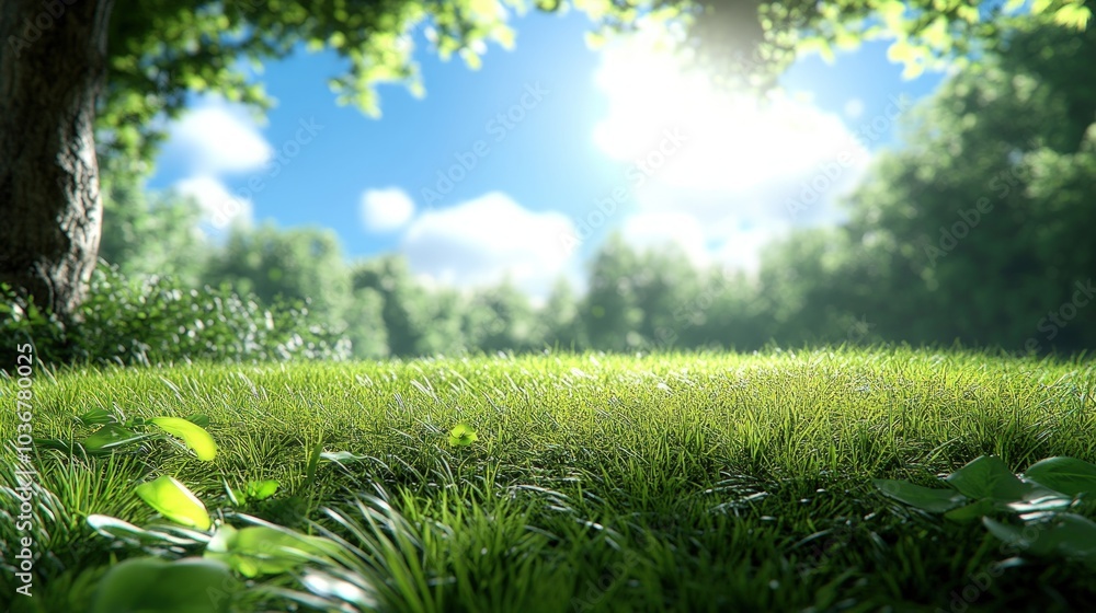 Lush green grass field in a sunny forest, perfect for a picnic or relaxing. Lush green grass field in a sunny forest, perfect for a picnic or relaxing.