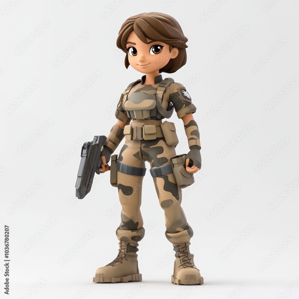 Cartoon Female Soldier in Military Gear with Weapon Cartoon Female Soldier in Military Gear with Weapon