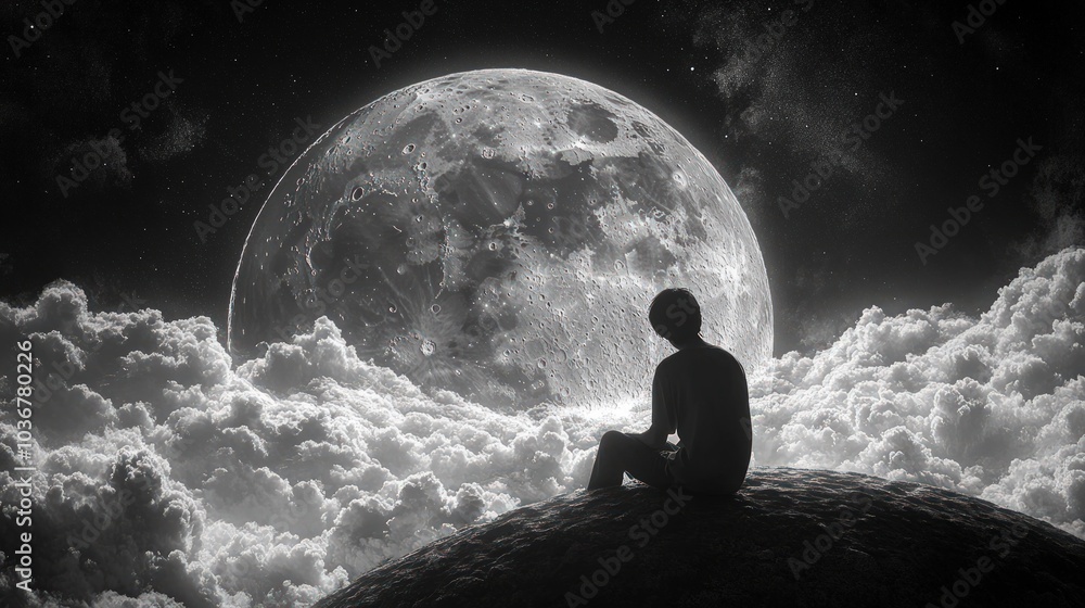 Silhouette of a person sitting on a hilltop, looking up at a large, full moon in the night sky. Silhouette of a person sitting on a hilltop, looking up at a large, full moon in the night sky.
