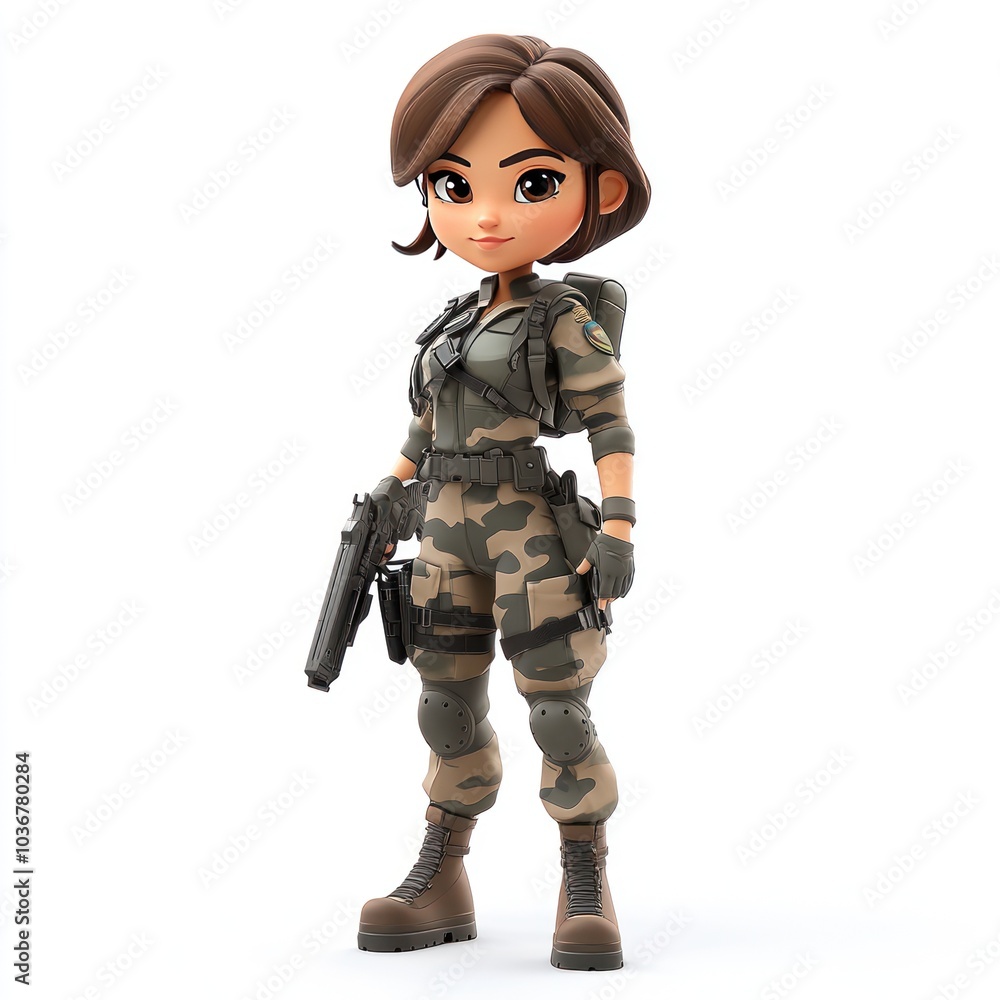 Cartoon Female Soldier in Camouflage Uniform and Gear Cartoon Female Soldier in Camouflage Uniform and Gear