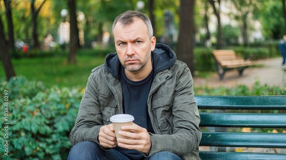 Middle-aged man with slight tremor holding cup of coffee on park bench, symbolizing struggle with Parkinson's disease, calm natural setting. Middle-aged man with slight tremor holding cup of coffee on park bench, symbolizing struggle with Parkinson's disease, calm natural setting.