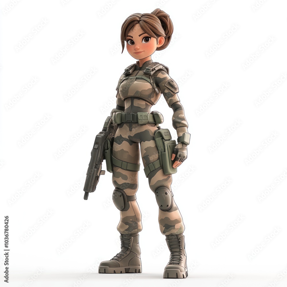 Cartoon Female Soldier in Camouflage Uniform Holding a Rifle Cartoon Female Soldier in Camouflage Uniform Holding a Rifle
