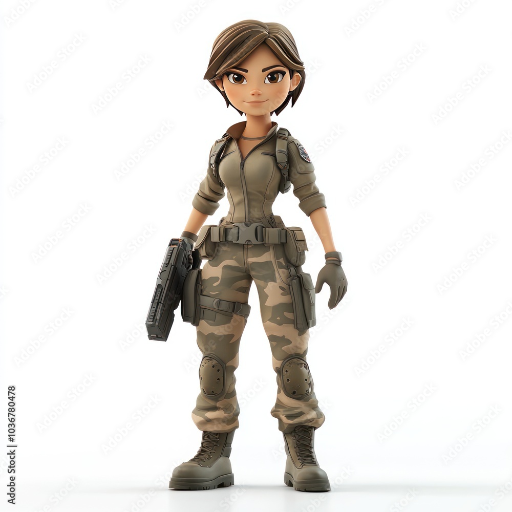 A 3D Cartoon Female Soldier Holding a Weapon in a Camouflage Uniform A 3D Cartoon Female Soldier Holding a Weapon in a Camouflage Uniform