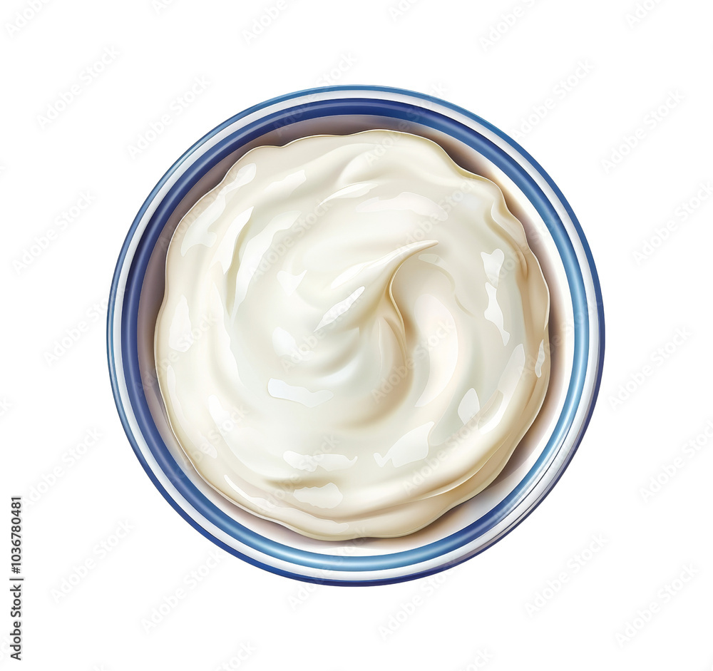 Creamy White Substance in a Blue Striped Bowl from Above. Creamy White Substance in a Blue Striped Bowl from Above.