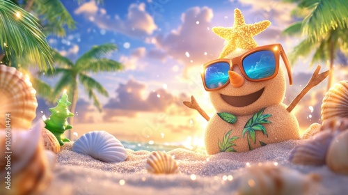 Sunny sandman on tropical beach with sunglasses and seashells