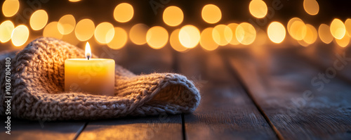 cosy christmassy interior with warm lights & single candle standing on the blanket; wooden floor; hanukkah tradition, jewish holiday, tradition photo