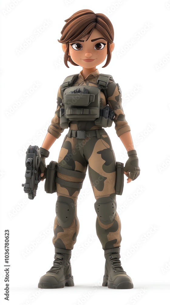Cartoon Female Soldier in Camouflage Uniform Holding a Gun Cartoon Female Soldier in Camouflage Uniform Holding a Gun