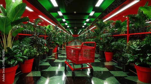 Vibrant Nursery with Red Handled Cart Among Green Plants photo