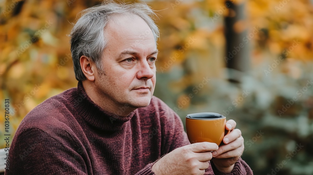 Middle-aged man with slight tremor holding cup of coffee on park bench, symbolizing struggle with Parkinson's disease, calm natural setting. Middle-aged man with slight tremor holding cup of coffee on park bench, symbolizing struggle with Parkinson's disease, calm natural setting.