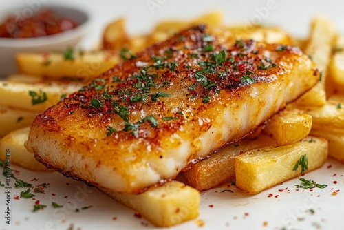 Crispy Battered Fish and Golden Fries Garnished with Fresh Herbs and Spices..