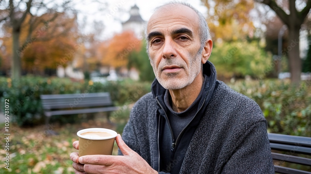 Middle-aged man with slight tremor holding cup of coffee on park bench, symbolizing struggle with Parkinson's disease, calm natural setting. Middle-aged man with slight tremor holding cup of coffee on park bench, symbolizing struggle with Parkinson's disease, calm natural setting.