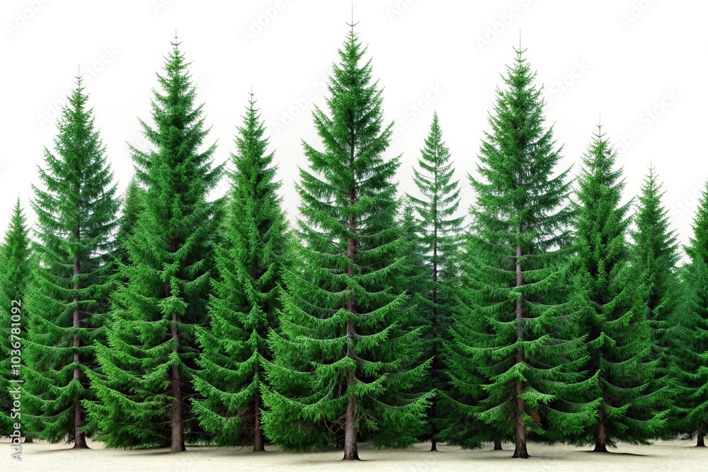 Detail of dark green straight fir and larch trees against a white background Detail of dark green straight fir and larch trees against a white background