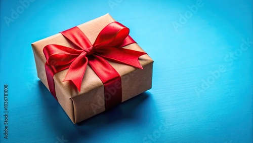 Close-up of gift box with red ribbon on blue background