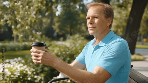 Middle-aged man with slight tremor holding cup of coffee on park bench, symbolizing struggle with Parkinson's disease, calm natural setting.