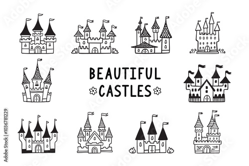 Hand drawn cartoon castle icons set. Doodle outline fairytale castle for princess, magic kingdom.