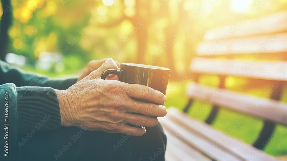 Middle-aged man with slight tremor holding cup of coffee on park bench, symbolizing struggle with Parkinson's disease, calm natural setting. Middle-aged man with slight tremor holding cup of coffee on park bench, symbolizing struggle with Parkinson's disease, calm natural setting.