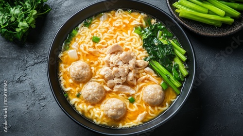 A delicious bowl of ramen with meatballs, greens, and noodles, showcasing a comforting meal.