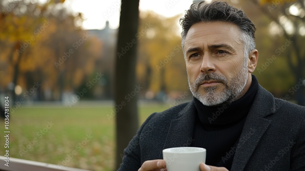 Middle-aged man with slight tremor holding cup of coffee on park bench, symbolizing struggle with Parkinson's disease, calm natural setting. Middle-aged man with slight tremor holding cup of coffee on park bench, symbolizing struggle with Parkinson's disease, calm natural setting.