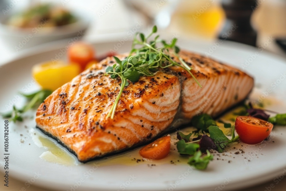 food presentation, salmon steak with crispy skin, microgreens on white plate in airy, bright kitchen food presentation, salmon steak with crispy skin, microgreens on white plate in airy, bright kitchen