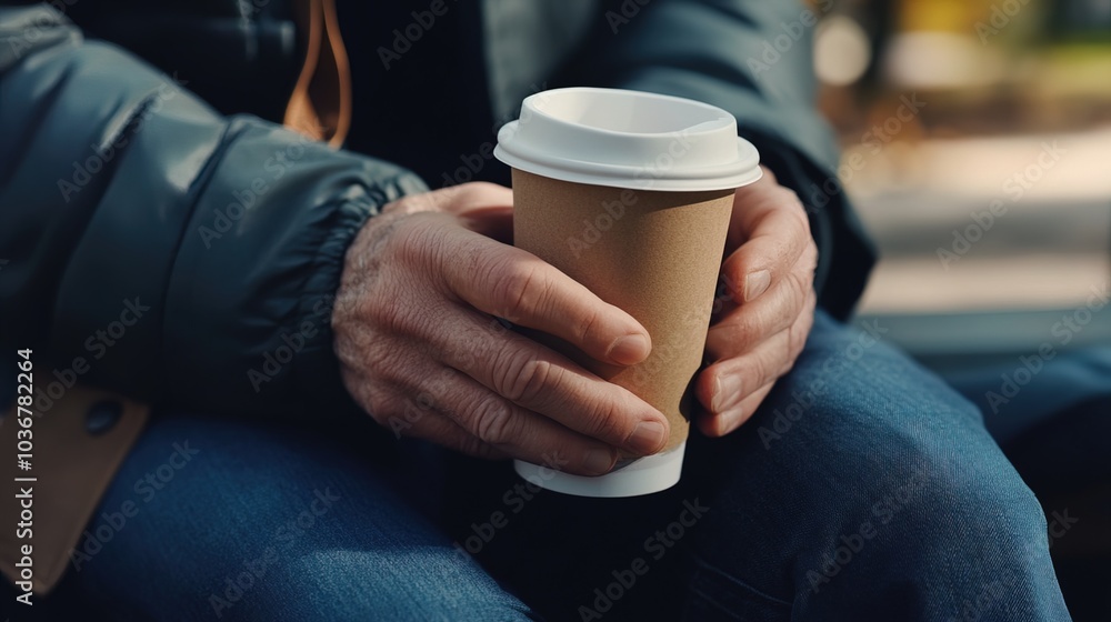 Middle-aged man with slight tremor holding cup of coffee on park bench, symbolizing struggle with Parkinson's disease, calm natural setting. Middle-aged man with slight tremor holding cup of coffee on park bench, symbolizing struggle with Parkinson's disease, calm natural setting.