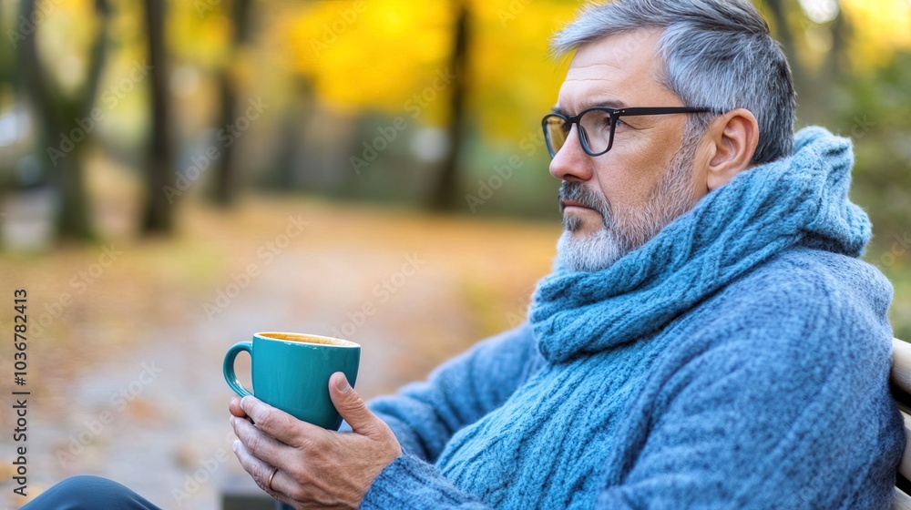 Middle-aged man with slight tremor holding cup of coffee on park bench, symbolizing struggle with Parkinson's disease, calm natural setting. Middle-aged man with slight tremor holding cup of coffee on park bench, symbolizing struggle with Parkinson's disease, calm natural setting.