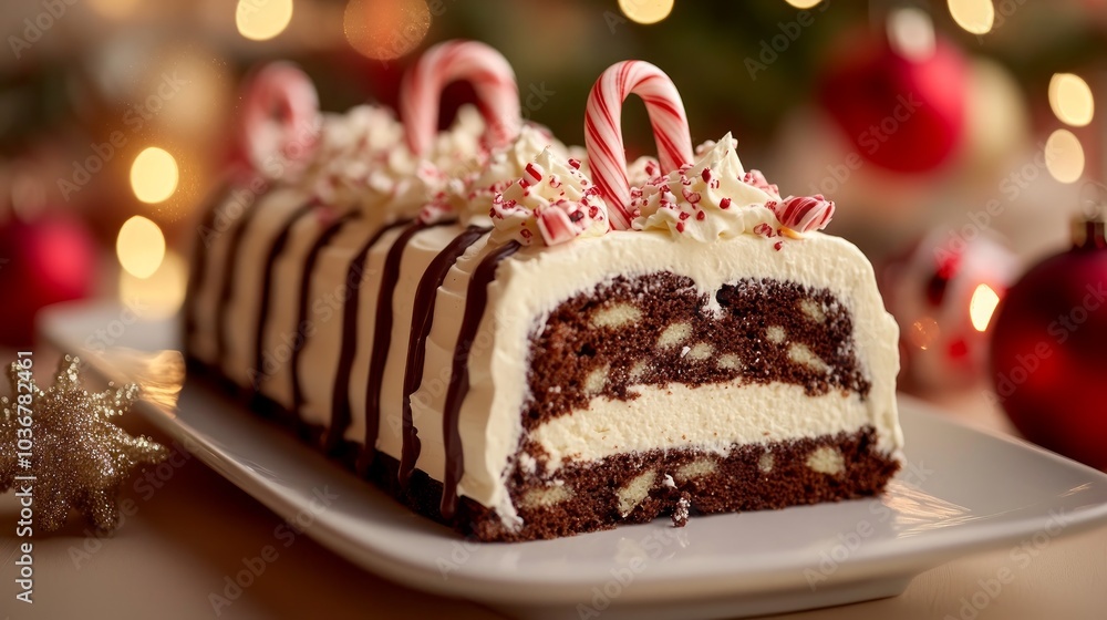 A festive dessert featuring chocolate and peppermint, perfect for holiday celebrations. A festive dessert featuring chocolate and peppermint, perfect for holiday celebrations.