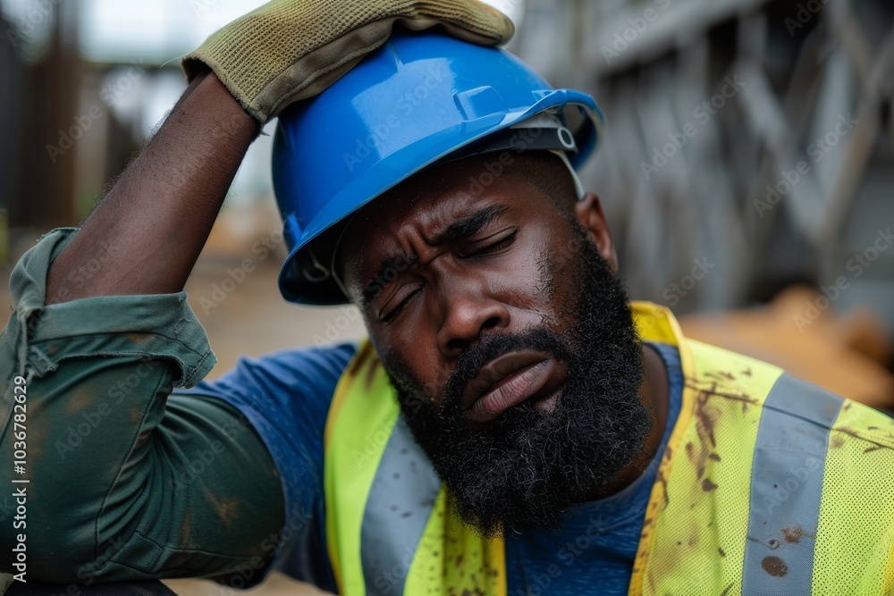 Fototapeta premium Frustrated architect experiencing stress and mental health burnout while on a rooftop, dealing with headaches and pressure during construction work