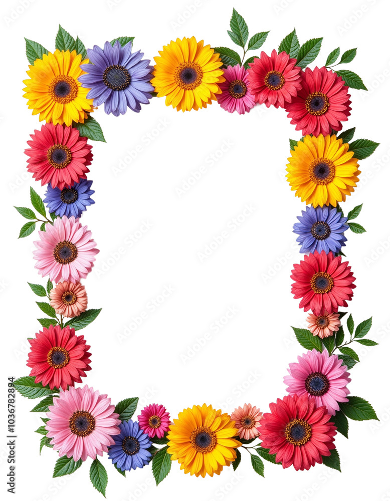 Fototapeta premium Decorative Floral Frame with Colorful Flowers and Green Leaves