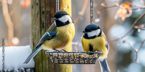 Two great tits in winter eat seeds and grains from bird feeder in winter feeding birds in the wild photo