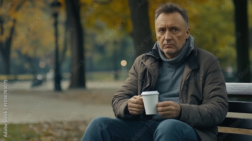 Middle-aged man with slight tremor holding cup of coffee on park bench, symbolizing struggle with Parkinson's disease, calm natural setting. Middle-aged man with slight tremor holding cup of coffee on park bench, symbolizing struggle with Parkinson's disease, calm natural setting.