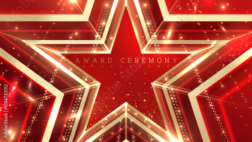 Red background with golden star frame decorated with sparkling light effect, elegant awards ceremony backdrop design concept. Vector illustration.