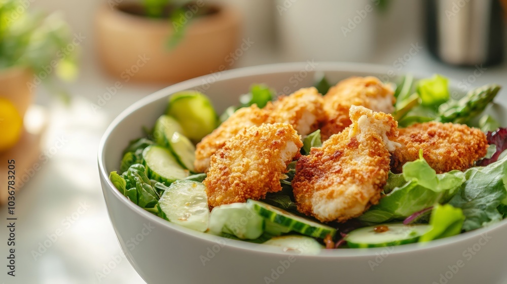 A fresh salad topped with crispy chicken, showcasing vibrant ingredients in a bowl. A fresh salad topped with crispy chicken, showcasing vibrant ingredients in a bowl.