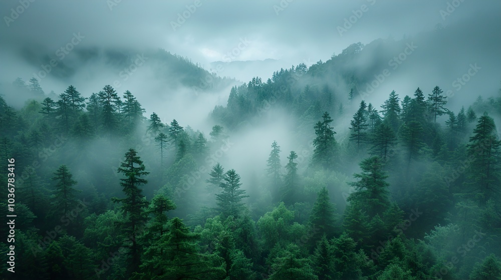 Misty Forest Landscape - Aerial View of a Tranquil Woodland Misty Forest Landscape - Aerial View of a Tranquil Woodland