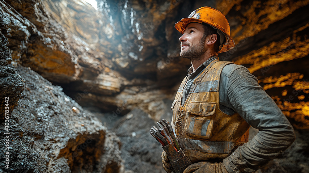Portrait of a man in a mine - Miner digging in a cave. Portrait of a man in a mine - Miner digging in a cave.