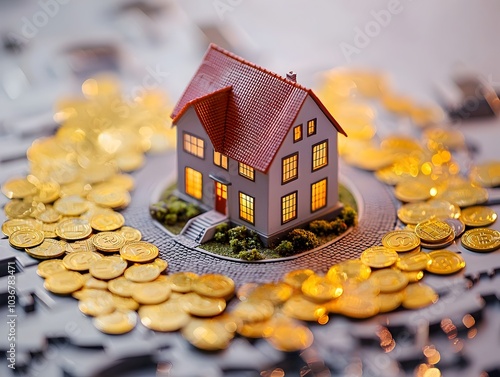 Miniature House Model Surrounded by Digital Cryptocurrency Coins Representing Real Estate Investment