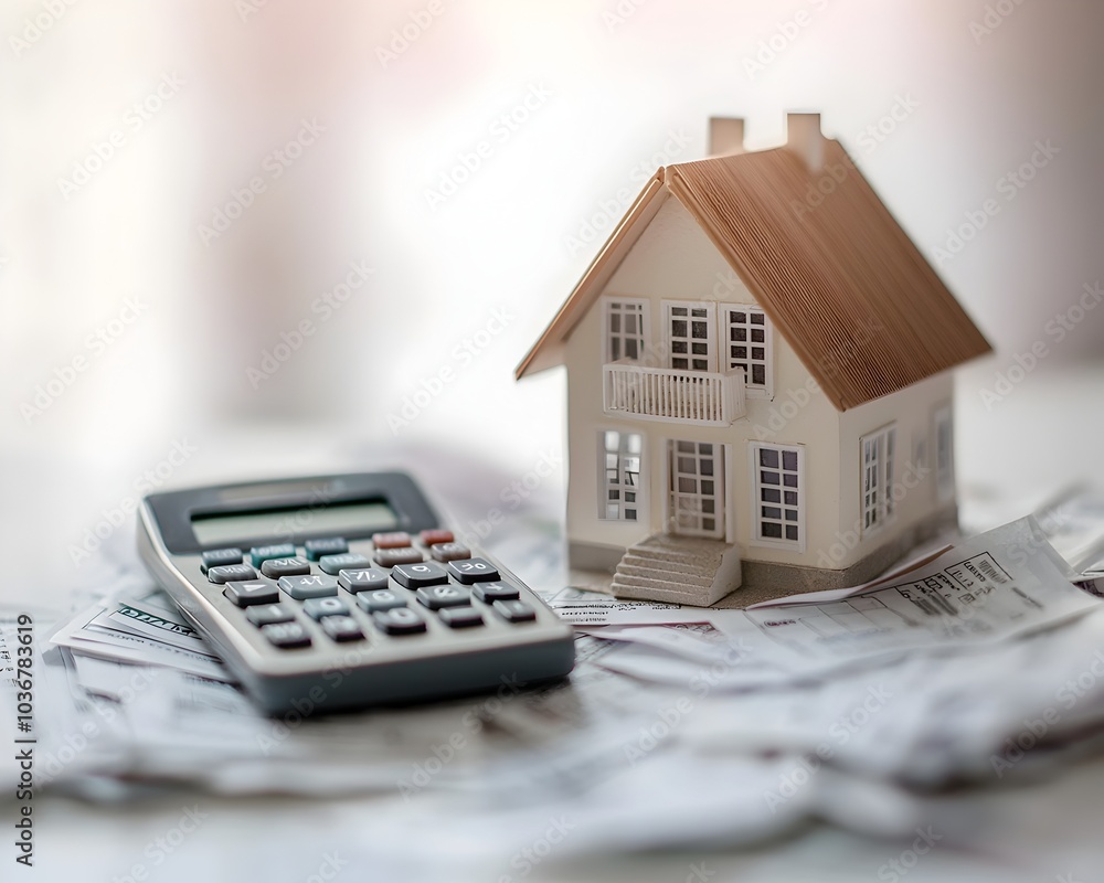 Small House Model and Finance Calculation with Expense Receipts on Desk for Home Budgeting and Investment Planning Small House Model and Finance Calculation with Expense Receipts on Desk for Home Budgeting and Investment Planning