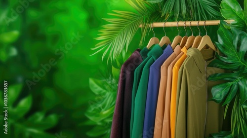 Wallpaper Mural Colorful clothing on wooden hangers amidst lush greenery Torontodigital.ca