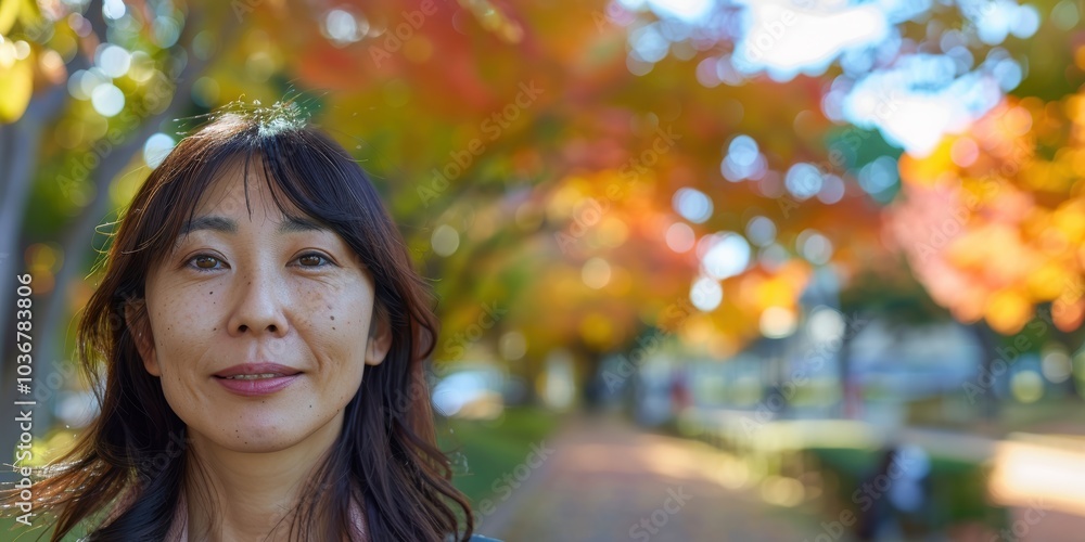 Womans joyful portrait in a park surrounded by autumn leaves, enjoying wellness during a holiday. Confident smile on a path, embodying leisure amidst nature Womans joyful portrait in a park surrounded by autumn leaves, enjoying wellness during a holiday. Confident smile on a path, embodying leisure amidst nature