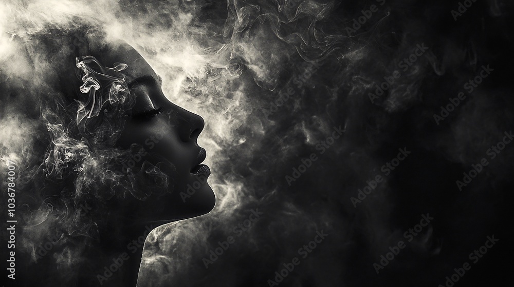A silhouette of a woman surrounded by ethereal smoke, representing deep thoughts and introspection in a mysterious, artistic manner. A silhouette of a woman surrounded by ethereal smoke, representing deep thoughts and introspection in a mysterious, artistic manner.