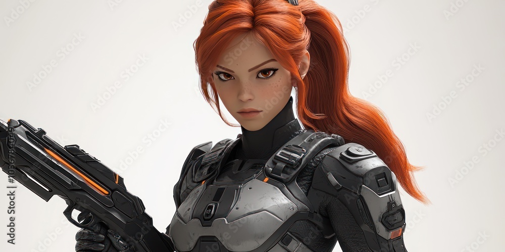 A female character with red hair holding a futuristic weapon, wearing a black and grey suit. A female character with red hair holding a futuristic weapon, wearing a black and grey suit.