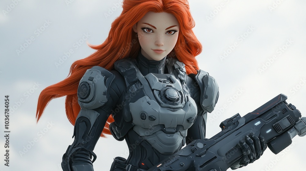 Red-Haired Woman in Futuristic Armor Holding a Weapon Red-Haired Woman in Futuristic Armor Holding a Weapon